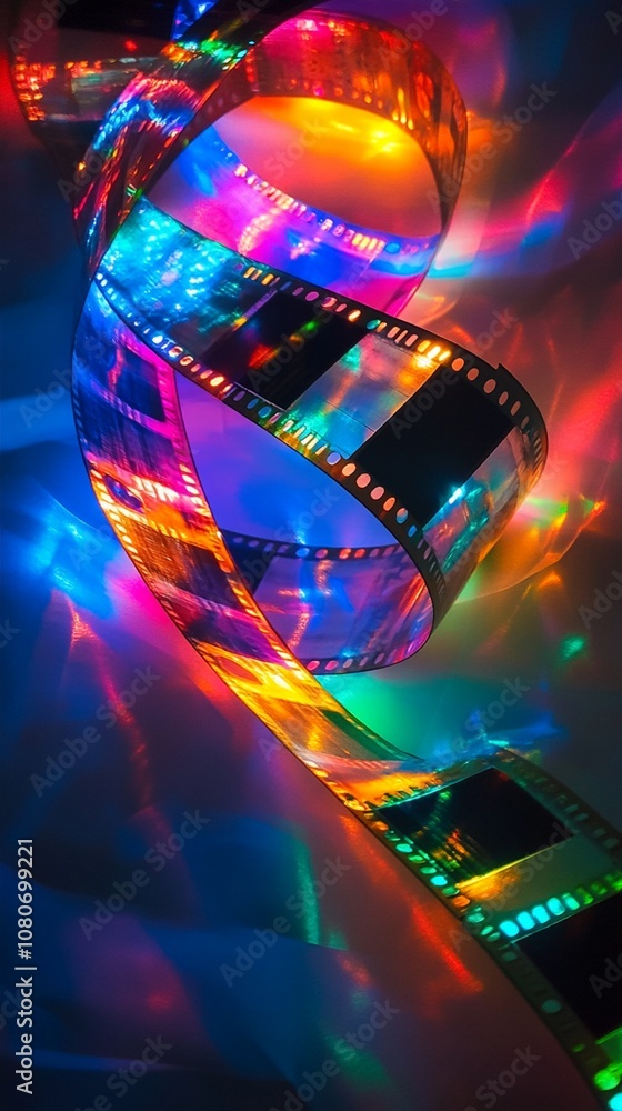 Vibrant coiled film strip illuminated by colorful lights, creating a mesmerizing display of cinema magic and nostalgic analog technology in motion. Vibrant coiled film strip illuminated by colorful lights, creating a mesmerizing display of cinema magic and nostalgic analog technology in motion.