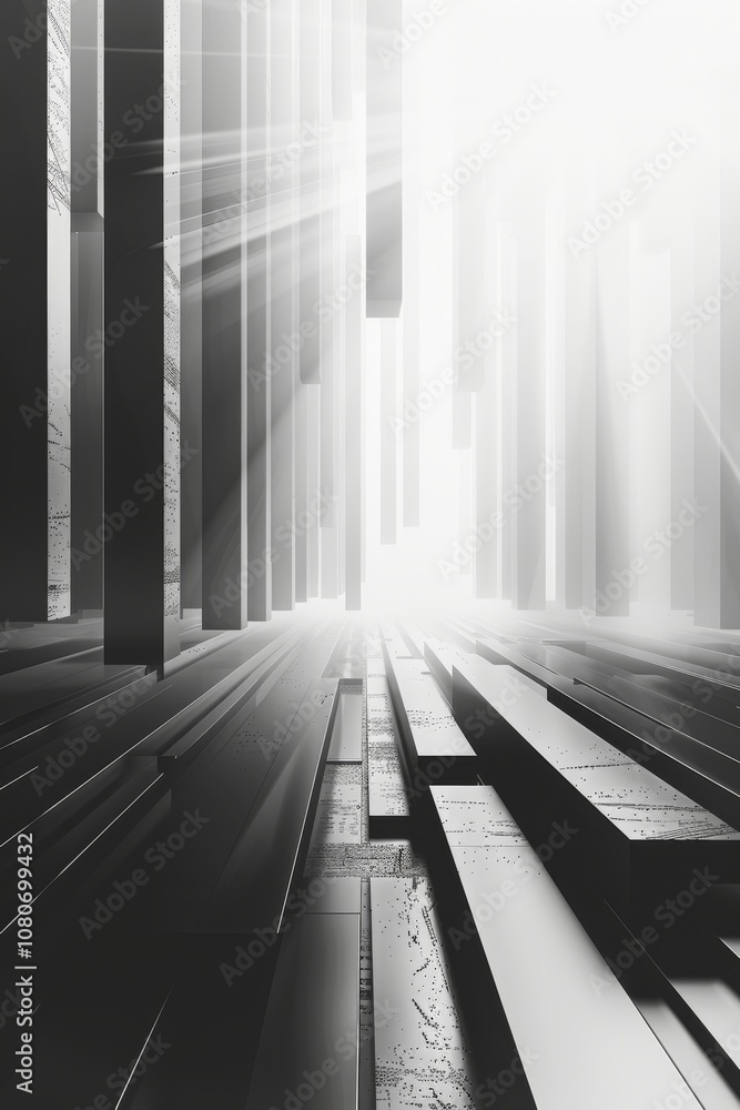 Monochrome abstract image featuring geometric light rays and vertical lines creating a dynamic urban landscape with depth and perspective. Monochrome abstract image featuring geometric light rays and vertical lines creating a dynamic urban landscape with depth and perspective.