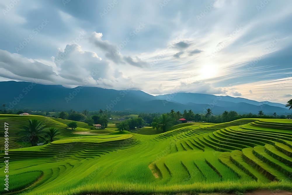 Fototapeta premium Lush Green Rice Terraces Landscape with Cloudy Sky