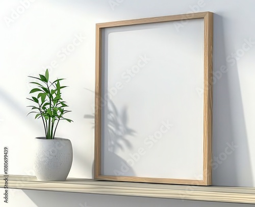 A simple. minimal interior design scene with a blank wooden frame mockup and a small green plant in a white pot on a wooden shelf against a white wall