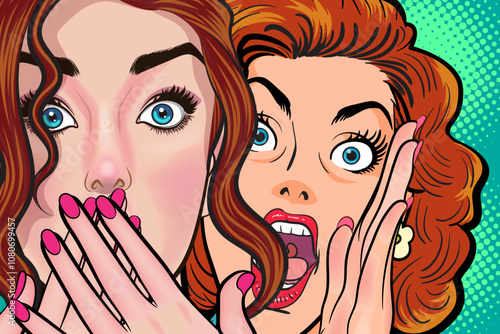 Woman whispering gossip or secret to her friend surprise In Retro Vintage Pop Art Comic