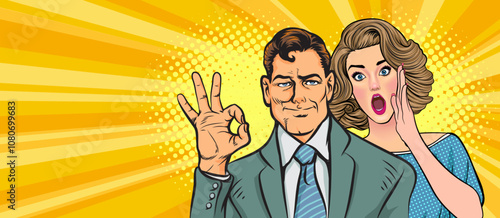people whispering gossip or business secret to friend surprised In Retro Vintage Pop Art Comic Style