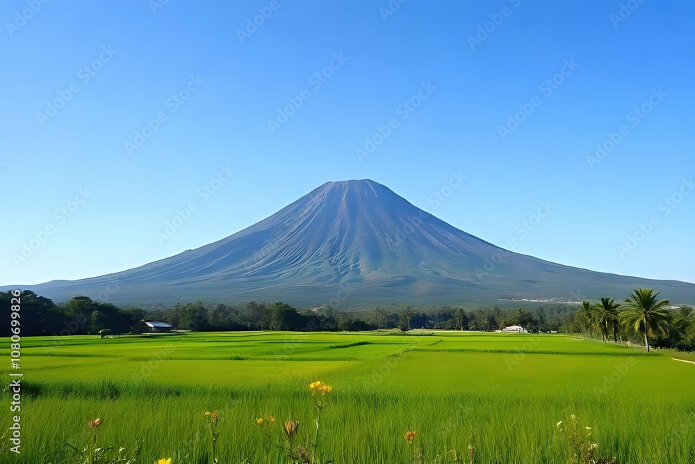 Mount Inerie Landscape with Rice Fields in Flores, Indonesia Mount Inerie Landscape with Rice Fields in Flores, Indonesia
