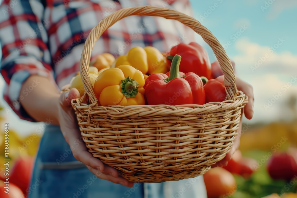 Person holding a basket filled with vibrant bell peppers outdoors, surrounded by a scenic farm landscape. Person holding a basket filled with vibrant bell peppers outdoors, surrounded by a scenic farm landscape.