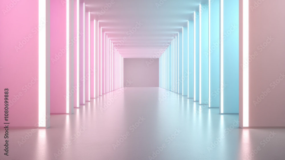 Futuristic corridor with pink and blue neon lights, creating vibrant atmosphere. sleek design and illuminated walls enhance modern aesthetic of space Futuristic corridor with pink and blue neon lights, creating vibrant atmosphere. sleek design and illuminated walls enhance modern aesthetic of space
