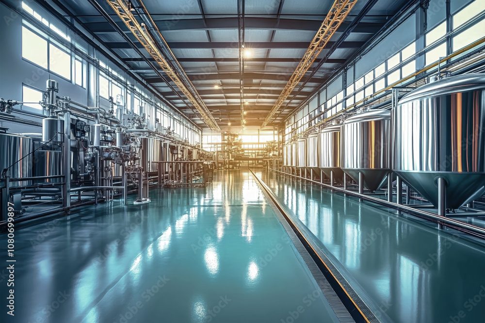 Modern brewery interior showcasing stainless steel tanks and advanced machinery on a blue-green floor in a well-lit production facility Modern brewery interior showcasing stainless steel tanks and advanced machinery on a blue-green floor in a well-lit production facility