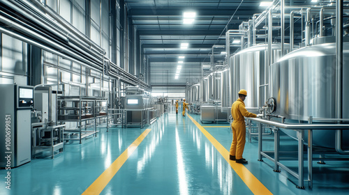 Workers operate stainless steel tanks in a modern milk packaging plant with bright lighting and clean, blue-green floors during daylight hours
