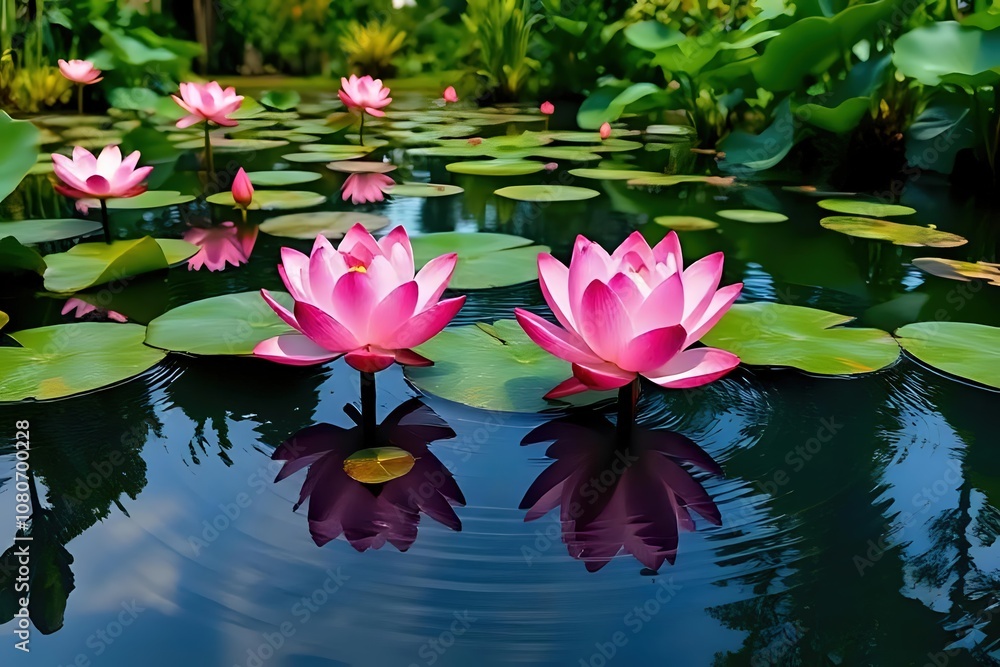 Pink Water Lilies in Pond with Reflections Pink Water Lilies in Pond with Reflections