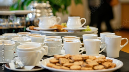 A table filled with coffee tea and snacks for participants to enjoy during the meeting.