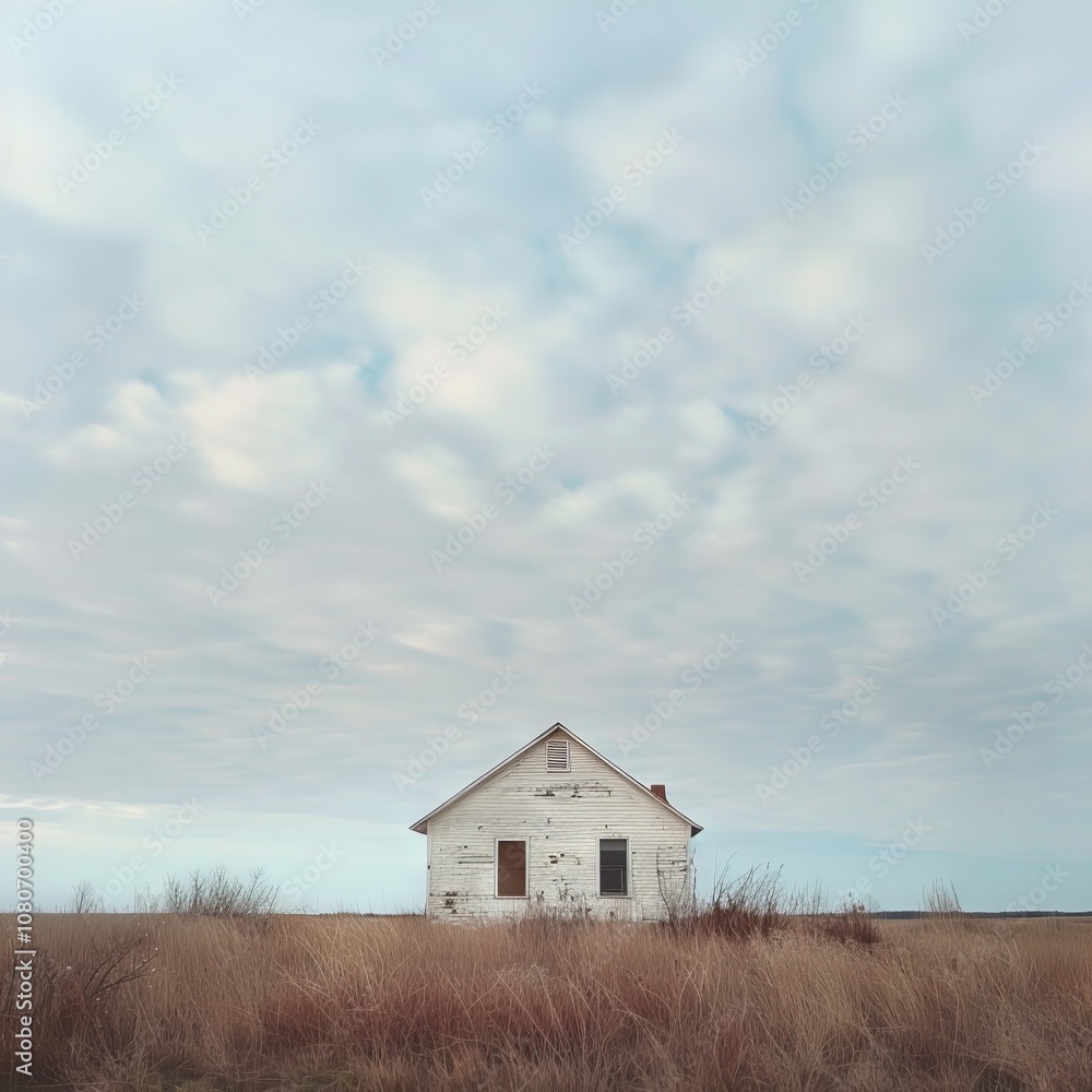 A small white house is in the middle of a field. The house is surrounded by tall grass A small white house is in the middle of a field. The house is surrounded by tall grass