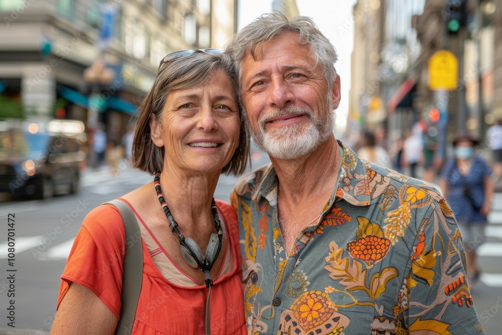 Portrait of a content caucasian couple in their 50s sporting a technical climbing shirt isolated in busy urban street Portrait of a content caucasian couple in their 50s sporting a technical climbing shirt isolated in busy urban street