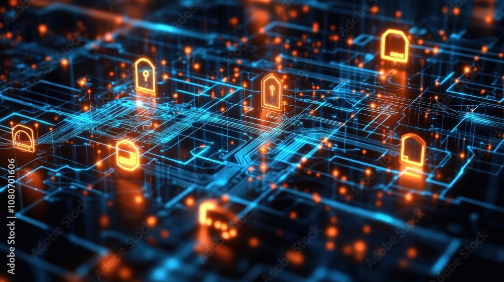 Futuristic glowing circuit board with lock icons and bright connections. Futuristic glowing circuit board with lock icons and bright connections.