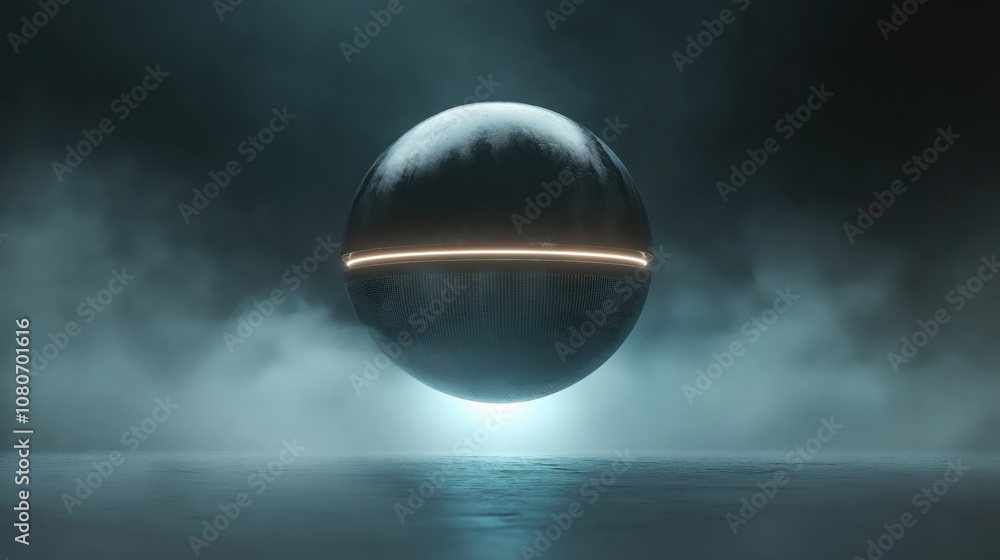 A futuristic metallic sphere hovering above a reflective surface in a misty environment. A futuristic metallic sphere hovering above a reflective surface in a misty environment.