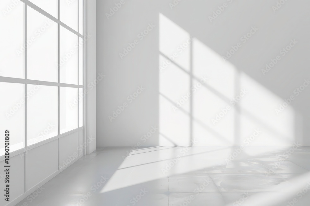Sunlight streams through a large window in a minimalist white room. casting long shadows on the wall and floor Sunlight streams through a large window in a minimalist white room. casting long shadows on the wall and floor