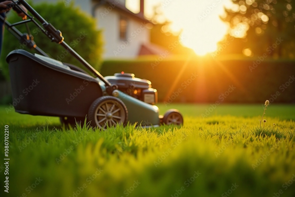 Fototapeta premium Lawn mower on green grass on lawn near house. Generative AI