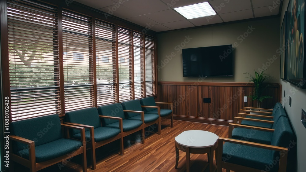 Modern Waiting Room with Comfortable Blue Chairs, Flat Screen TV, and Natural Light - Perfect for Professional Offices or Clinics Modern Waiting Room with Comfortable Blue Chairs, Flat Screen TV, and Natural Light - Perfect for Professional Offices or Clinics