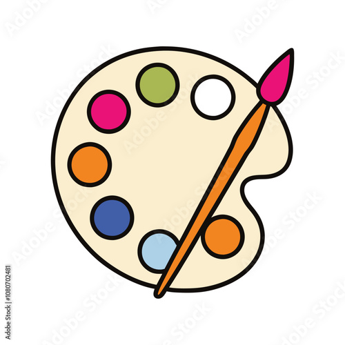 Paint Tray with Brush Flat Color Vector Clipart Illustration.