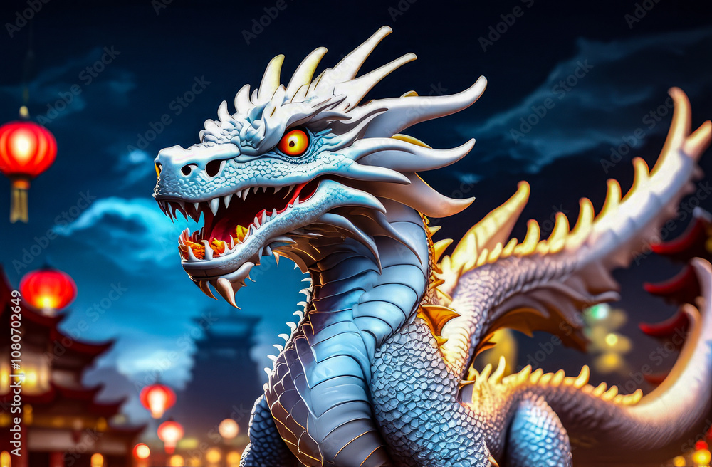 Chinese dragon on the background of city streets. the symbol of the celebration of the new year according to the Eastern calendar Chinese dragon on the background of city streets. the symbol of the celebration of the new year according to the Eastern calendar