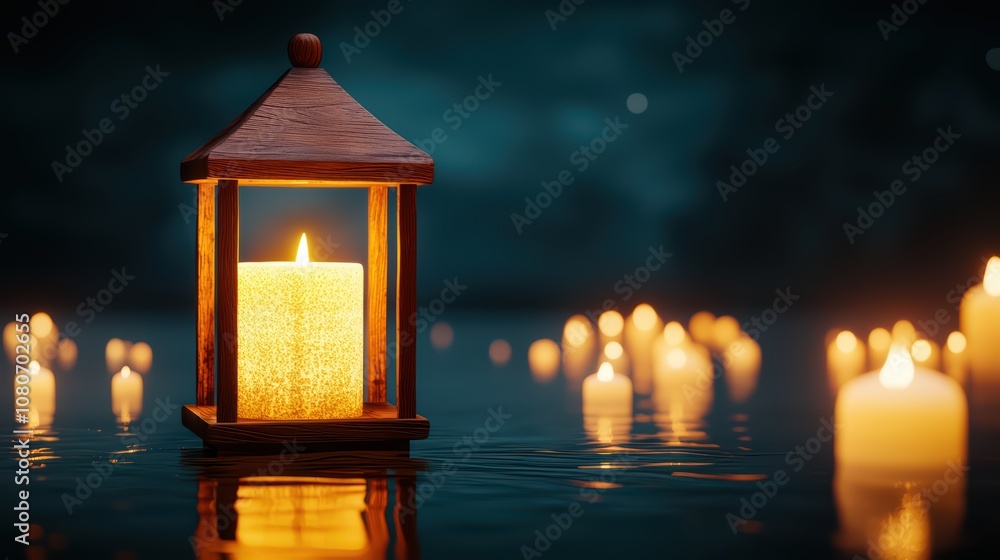 Warm candle lantern glowing on a tranquil night, surrounded by floating candles, creating a serene atmosphere. Warm candle lantern glowing on a tranquil night, surrounded by floating candles, creating a serene atmosphere.