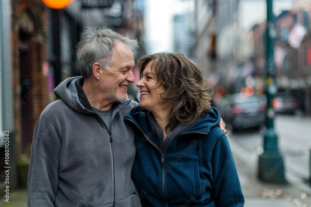 Portrait of a blissful couple in their 50s wearing a zip-up fleece hoodie in busy urban street Portrait of a blissful couple in their 50s wearing a zip-up fleece hoodie in busy urban street