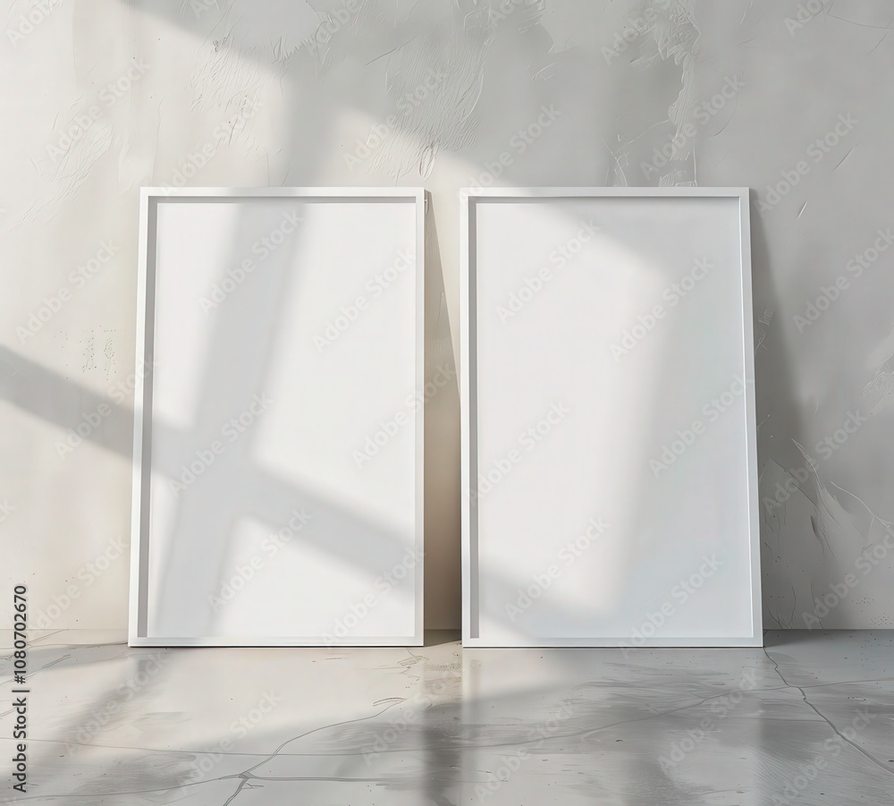 Two blank white frames against a rough concrete wall. ready for your design or artwork Two blank white frames against a rough concrete wall. ready for your design or artwork