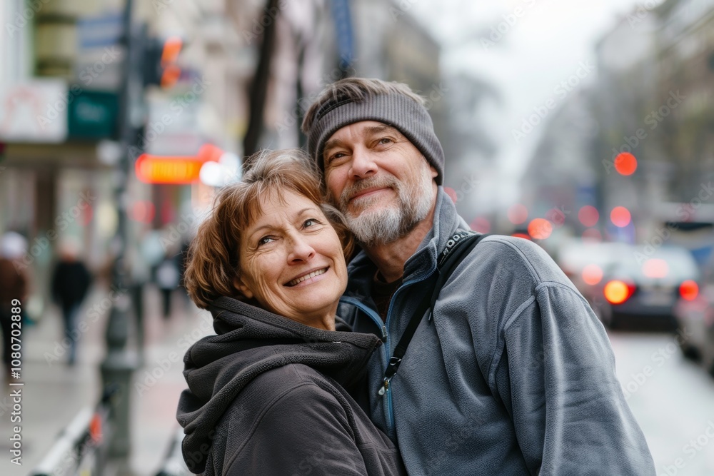 Portrait of a blissful couple in their 50s wearing a zip-up fleece hoodie on busy urban street Portrait of a blissful couple in their 50s wearing a zip-up fleece hoodie on busy urban street