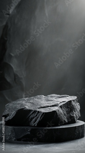 Dramatic monochrome still life: rugged stone slab atop circular base, shrouded in atmospheric haze. Textured surfaces and stark contrasts create a moody, primordial ambiance. photo