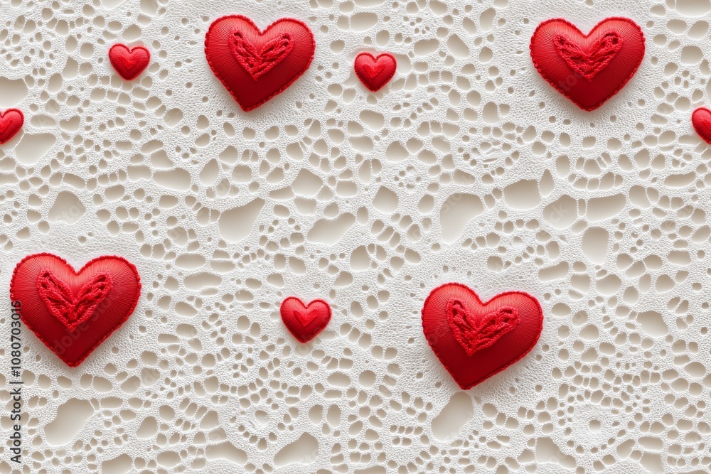 Fototapeta premium Red Hearts on White Lace Background