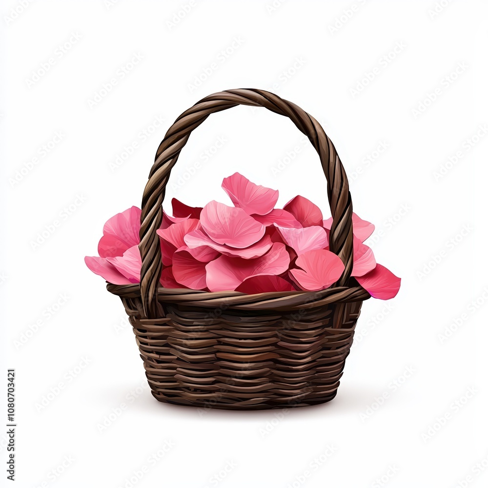 A beautiful wicker basket filled with vibrant pink petals, perfect for decoration or floral arrangements. A beautiful wicker basket filled with vibrant pink petals, perfect for decoration or floral arrangements.