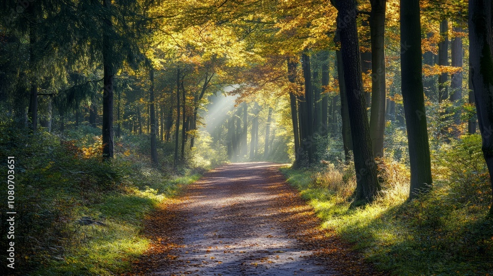 Fototapeta premium Sunlit forest path with vibrant autumn foliage.