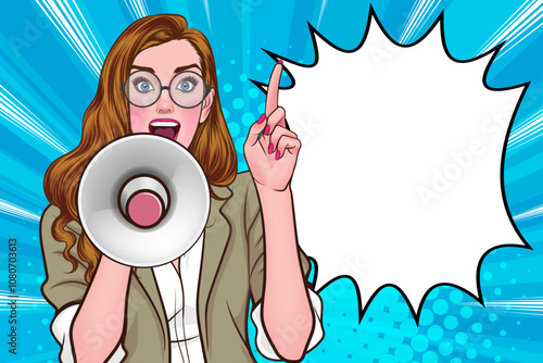 Business woman with loudspeaker megaphone  announcing discount or sale Special offer shopping time