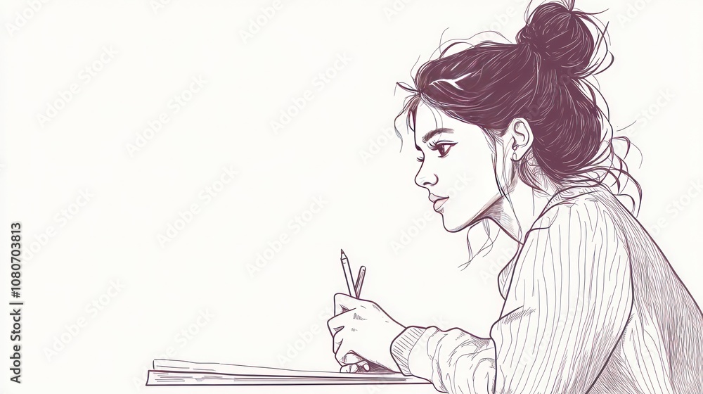 A side view illustration of a woman with her hair pulled back in a bun, sitting at a desk with pencils in her hand. A side view illustration of a woman with her hair pulled back in a bun, sitting at a desk with pencils in her hand.