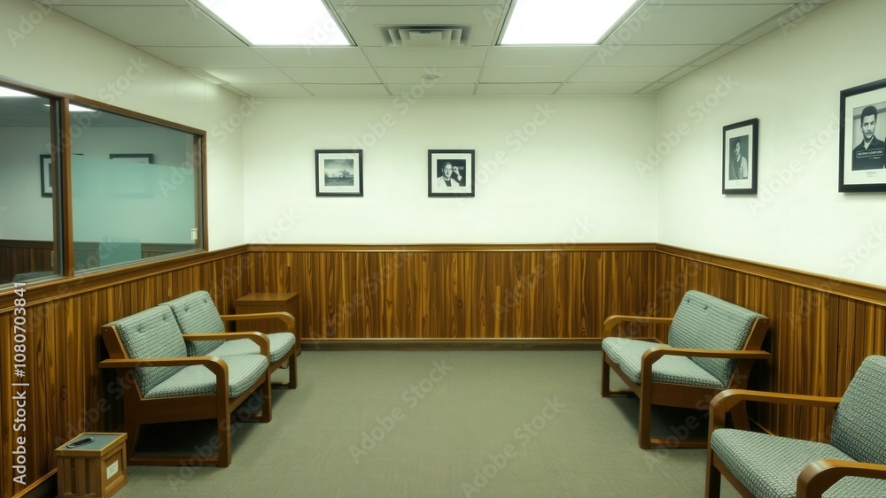 Modern Waiting Room with Comfortable Light Blue Chairs and Wooden Panels, Perfect for Professional Offices or Clinics Modern Waiting Room with Comfortable Light Blue Chairs and Wooden Panels, Perfect for Professional Offices or Clinics
