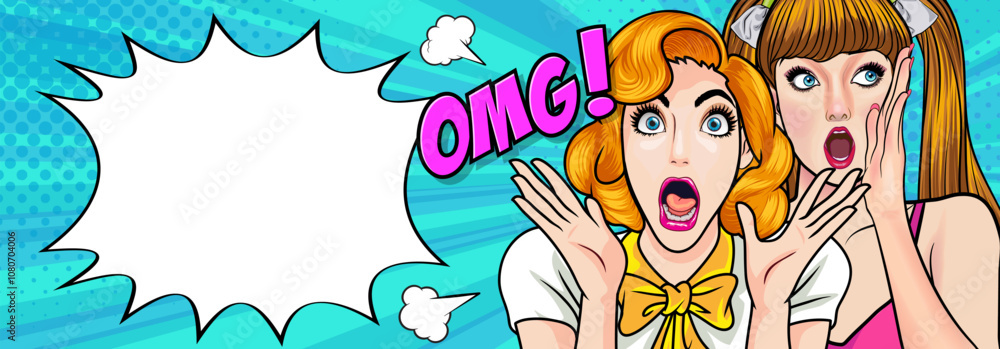 Woman whispering gossip secret to her friend surprise In Retro Vintage Pop Art Comic Style Woman whispering gossip secret to her friend surprise In Retro Vintage Pop Art Comic Style