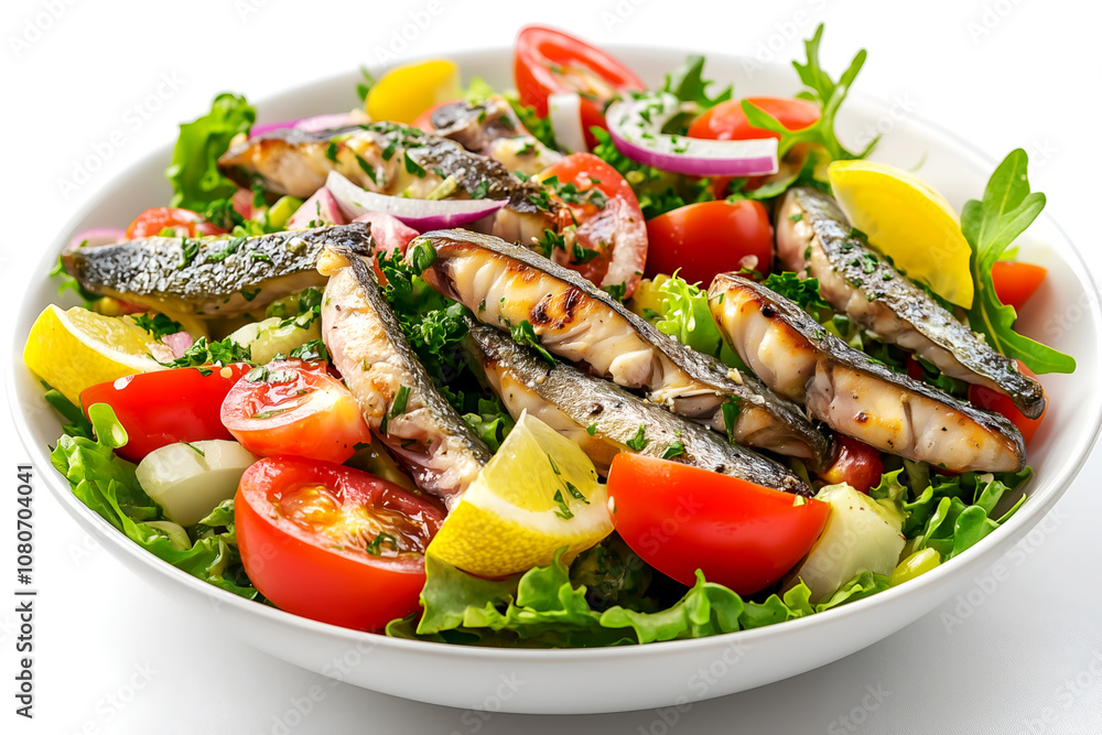 Healthy Nicoise salad with fresh ingredients isolated on white background, ideal for diet-focused articles, food blogs, and restaurant advertisements. Mediterranean cuisine, French salad Healthy Nicoise salad with fresh ingredients isolated on white background, ideal for diet-focused articles, food blogs, and restaurant advertisements. Mediterranean cuisine, French salad