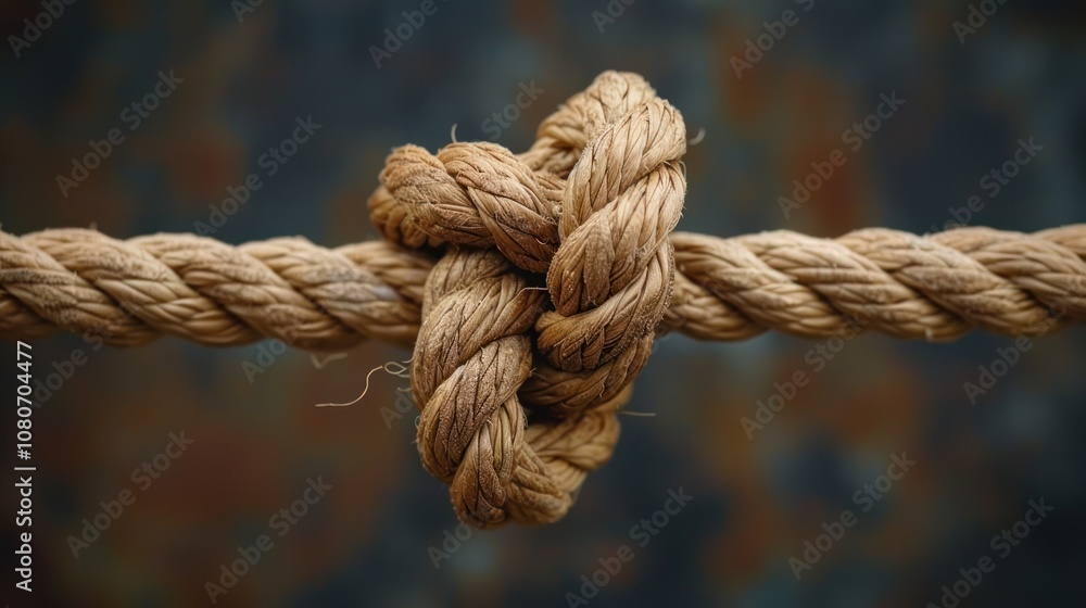 Close-up of a thick rope tied in a knot against a blurred background. Close-up of a thick rope tied in a knot against a blurred background.
