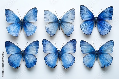 Isolated on a white backdrop are blue butterflies with intricate wing designs. Generative Ai