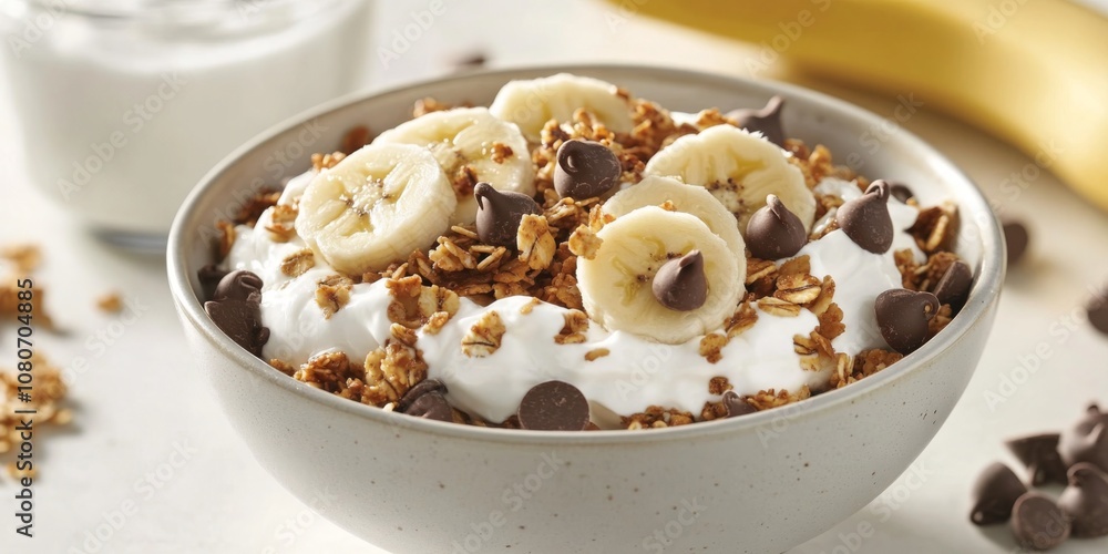 Bowl of Granola with Banana Slices, Honey, and Chocolate Chips Accompanied by Greek Yogurt on White Table. Bowl of Granola with Banana Slices, Honey, and Chocolate Chips Accompanied by Greek Yogurt on White Table.