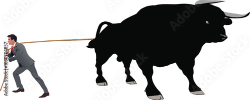 Businessman pulling bull with rope on white background