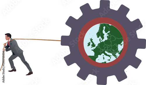 Businessman pulling rope connected to gear with europe map driving european economy