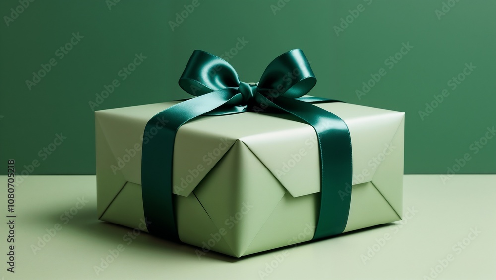 Green gift box with dark ribbon on green background Green gift box with dark ribbon on green background