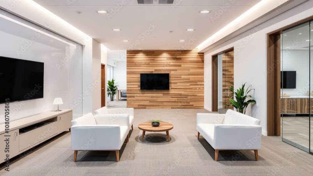 Modern Living Room Design: White Sofas, Wooden Accents, and Sleek Entertainment for a Cozy and Stylish Space