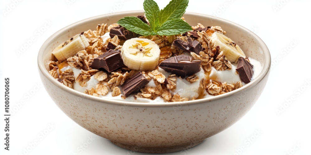 Bowl of Granola with Honey, Banana, and Chocolate Pieces Topped with Greek Yogurt and Mint Leaves on White Background with Natural Lighting. Bowl of Granola with Honey, Banana, and Chocolate Pieces Topped with Greek Yogurt and Mint Leaves on White Background with Natural Lighting.