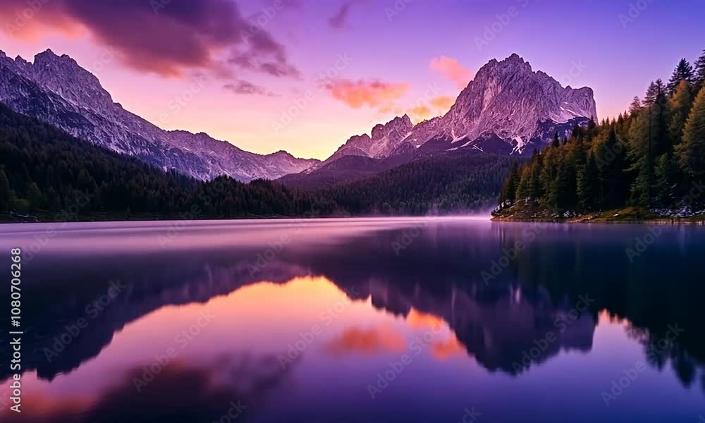 Mountain Lake at Sunset with Purple and Orange Hues Mountain Lake at Sunset with Purple and Orange Hues