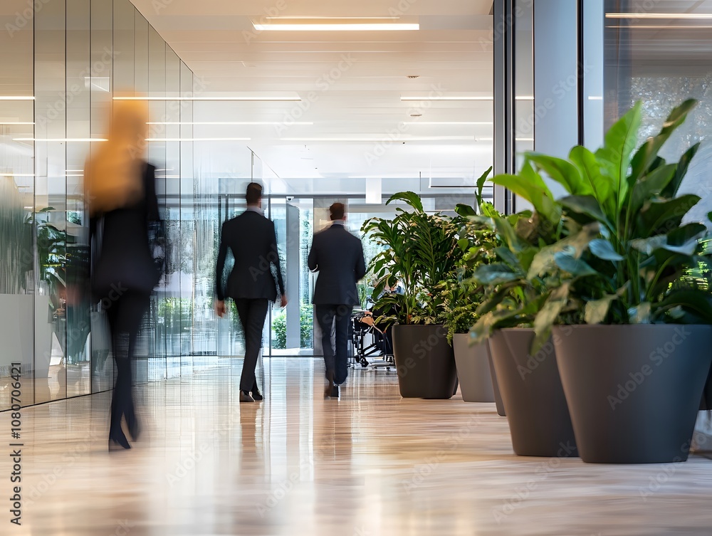 Fototapeta premium Professional Business Environment with People Walking Through a Modern Office Space Surrounded by Lush Indoor Plants and Glass Walls in a Contemporary Setting