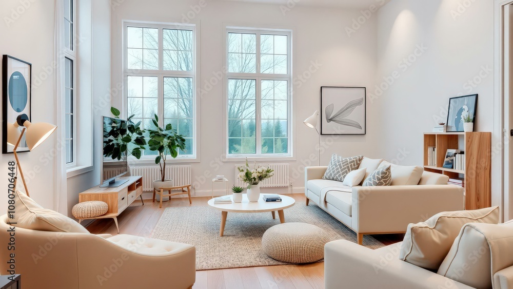 Modern Living Room with Neutral Tones and Natural Light, Perfect for Relaxation and Entertaining Modern Living Room with Neutral Tones and Natural Light, Perfect for Relaxation and Entertaining