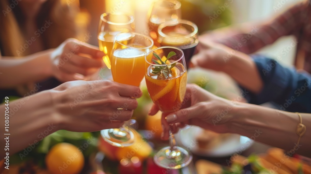 Close-up of friends toasting with drinks at a dinner table. Close-up of friends toasting with drinks at a dinner table.