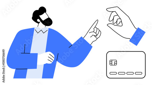 Man in blue sweater pointing to hand reaching for credit card. Ideal for online payments, digital transactions, finance, e-commerce, financial literacy, banking apps, educational materials. Line