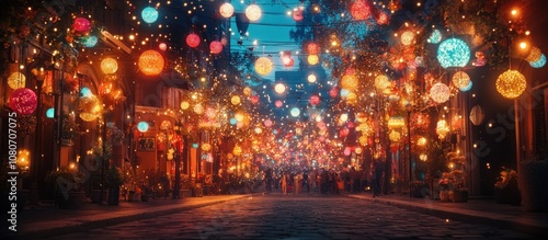 Festive street lined with colorful string lights, illuminating a bustling crowd of people.