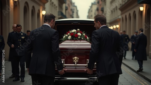 Solemn funeral procession in city street with pallbearers and hearse